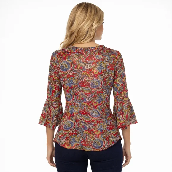 Rampage XL Paisley Boho Blouse Bell Sleeve Ruffle Top Red Blue Gold Women's XL - Picture 2 of 5